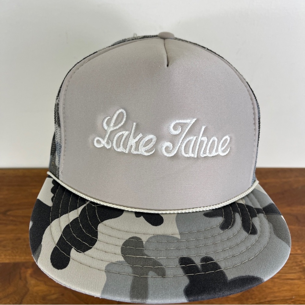 LAKE TAHOE CALIFORNIA Snapback Mesh Trucker Hat Cap Winter Camo Sierra Nevada.